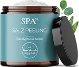 SPA55 Saunasalz Eukalyptus & Salbei – Totes Meersalz Körperpeeling mit Jojobaöl, Panthenol & Vitamin E | Hautpflege & Regeneration | Duschpeeling & Sauna Peeling Salz Scrub | Geschenk Frau, 250 ml