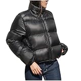 Wintermantel für Damen, leicht, lässig, Steppjacke, Stehkragen, Reißverschluss, Puffermäntel, kurze warme Daunenjacken, einfarbig, dünne Oberbekleidung, Schwarz , S