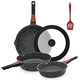 AIKENBBKK Pfannenset 5-teilig, Pfanne 20/24/28 cm mit abnehmbaren Griff Antihaft-Beschichtete Bratpfannenset mit Deckel, Geeignet für alle Herdarten, Backofen und Spülmaschinenfest (Schwarz)