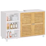 FORABAMB Waschbeckenunterschrank,Badschrank Unterschrank, Badezimmerschrank mit 2 Bambustüren, 3 offene Fächer, höhenverstellbare Ablagen, Waschtischunterschrank, extra lang 30 x 90 x 60 cm