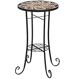 Outsunny Mosaik Gartentisch, 35,5 cm Runder Tisch für den Außenbereich mit Regal, Keramikplatte, Kleiner Garten Beistelltisch Bistrotisch Endtisch Pflanzenständer für Innen, Terrasse, Balkon, Orange