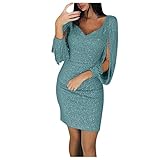 Riou Sexy Pailletten-Kleid für Damen, Mini-Kleid mit langen Ärmeln, Abendkleid, glänzend, V-Ausschnitt, Cocktailkleid, Club-Kleid, Schlauch, Schwarz XXXL
