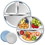 SonPen 2 Stück Edelstahl Baby Teller mit Großer Saugnapf, Ø20cm Kinderteller mit Entfernbarer Silikon Hülle, Babyteller mit Saugnapf Spülmaschinenfest Geteilte, Ungiftig und BPA-frei(Grau Blau)