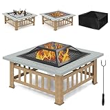 GOPLUS 3 in 1 Feuerstelle, Metall-Feuerschale mit Schürhaken & Grillrost & Deckel, Quadratisches Kohlenbecken mit Tragkraft von 10 kg, für Garten & Terrasse & Campingausflüge (Grau)