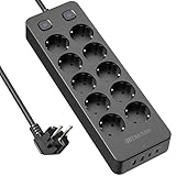 Mehrfachsteckdose mit 2 USB-A and 2 USB-C (20W PD), 10 Fach Steckdosenleiste mit Einzeln Schalter, Steckdosenleiste überspannungsschutz, 2M Steckerleiste, Mehrfachstecker für Hause,Büro, Schwarz