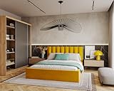 FDM Polsterbett mit Bettkasten 90x200 120x200 140x200 160x200 180x200 cm – Stauraumbett aus Velours, gepolstertes Kopfteil, Lattenrost & Metallrahmen, klappbar, Made IN EU (Gelb, 160x200)