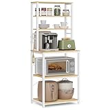 VASAGLE Küchenregal, Standregal, Mikrowellen-Regal, stehend, 6 Ablagen, 6 Haken, Stahlrahmen, rustikal, 40 x 60 x 167 cm, goldeichenfarben-wolkenweiß KKS024W09