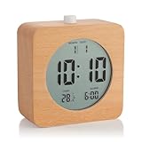 Plumeet Holz Digitalwecker, 10cm Batteriebetriebener Wecker mit Schlummer und Nachtlicht, Elektronische LCD Tischuhr mit Zeit-, Datums-, Temperatur-, 12/24 Stunden-Anzeige, Holzdekor, Quadratisch