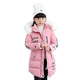 Elonglin Mädchen Wintermantel Daunenjacke Midi-Lang Winterjacke dick warm Parka mit Kapuze Pelz Schneemantel Outdoorbekleidung, Rosa, Poitrine 34.6 inch (Asie 140cm)