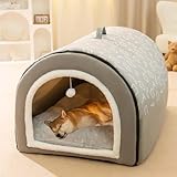 2-in-1-Hundehütte, großes Hundebett mit Anti-Angstzuständen, weiches, warmes Kissen, faltbar, beruhigende Hundehütte, rutschfest, warm, Iglu-Bett für Hunde und Katzen, abnehmbar, waschbar (L: 60 x 45