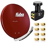FVLFIL Fuba Satelliten-Komplettanlage DAA 850 R Satellitenschüssel Rot 85x85cm Quad LNB 8X F-Stecker SAT bis 4 Teilnehmer
