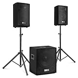 Vonyx VX0812BT - PA Anlage Komplettset, aktiv Subwoofer, 2 St. passiv Hochtöner, inkl. Boxenständer, 800 Watt, Bluetooth, MP3 Player, USB, SD, Mikrofonanschluss, mobiles PA System, DJ Boxen Set