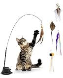 LENOK Katzenangel Spielzeug mit Saugnapf und Federn - Interaktives Katzenspielzeugset mit Vogelsimulation - Spielangel für Katzen - Lang