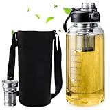 Glas-Trinkflasche, 1 Liter wiederverwendbar Glasflasche, Wasserflasche Trinkflasche Glas mit Neoprenhülle und Edelstahl-Sieb, Teeflasche mit Sieb to go für Sport, Büro, Schule & Outdoor(Schwarz)