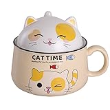 HOMSPE Niedliches Ramen-Schüssel-Set, Kitty Ramen-Schüssel mit Deckel, mikrowellengeeigneter Ramen-Herd für Instant-Ramen-Nudeln, Suppentassen mit Deckel, 1000 ml, Gelb