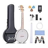 Mulucky Banjolele MBU-807 Banjo-Ukulele mit 4 Saiten, Konzertgröße 58,4 cm, geschlossene Massivholzrückseite, Anfänger-Set mit Halsstab, Gigbag, Stimmgerät, Saitengurt, Plektren