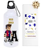 HERBY Barça-Flasche für Kinder, personalisierbar, mit Initiale und Name, Aluminium-Kanister für Fußballfans, leichte Trinkflasche zum Mitnehmen, 600 ml, mit zwei Verschlusskappen