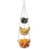 Home Bay Fruit Hub, Hängender Obstkorb für die Küche, 3-stöckige Etagere aus Draht, Obst- und Gemüseaufbewahrung, Wandmontage, Schwarz, Rund, Hängekorb für Schrank oder Decke