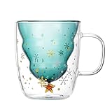 RAZURE Niedlicher Weihnachtsbaum-Kaffeetasse, Milchbecher, 284 ml, doppelwandig, isolierte Glas-Espressotasse mit Griff, Trinkgläser, für Frauen, , Büro, persönlich