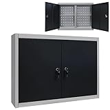 Makastle Metall Hängeschrank, 2 Abschließbare Türen, 2 verstellbaren Fachböden, Werkstattschrank, zur Wandmontage, Werkzeugschrank, Stahlschrank, Grau und Schwarz 80 x 19 x 60 cm