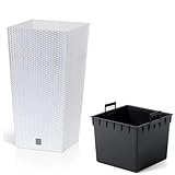 Prosperplast Rato Square Blumentopf 26,5 x 26,5 x 50 cm Weiß | Moderner Pflanzkübel in Rattan-Optik | Eckiger Übertopf mit Einsatz | Wetterfester Kunststoff für Balkon, Terrasse & Wohnung