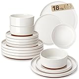 MALACASA Geschirrset 6 Personen, 18-tlg Weiß & Braun Tafelservice aus Porzellan, Essgeschirr Set mit je 6x Dinnerteller, 6x Dessertteller, 6x Müslischalen, Serie LEAH