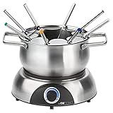 Clatronic® Fondue-Set | Edelstahl Fonduetopf (Ø 18,5 cm) | bis zu 1,2 Liter | Heizsockel mit Thermostat (beleuchtet) | 8 Edelstahl Fonduegabeln | Abnehmbarer Gabelhalter | FD 3783