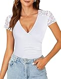 Gyabnw Oberteile Damen Kurzarm mit V-Ausschnitt und Spitzenrand Sommer Bluse mit Elegantem Look