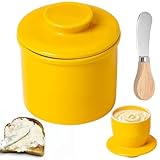 BAIFULAI Französische Butterdose, Keramik Butterglocke mit Rund Deckel, butterdosen Wassergekühlt mit Wasserlinie, Butterdose Porzellan, Keramische Butterglocke für Streichfähige Butter Gelb
