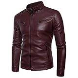 ORDOBO Lederjacke Für Herren - Große Stehkragen-Jacke Aus Pu-Leder Winddicht Warm Schmal Geschnitten Mit Reißverschluss Herbst/Winter Rot Größe M