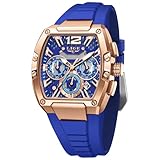 LIGE Herren-Armbanduhr, Skelett, Tonneau, quadratisch, Chronograph, Edelstahl, wasserdicht, leuchtend, Datum, analog, Silikonarmband, langlebig, modisch, lässig, Business-Kleid, Armbanduhr, Blau-Gold