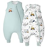 Unnivoll Baby Schlafsack mit Füßen 1,5 Tog 2er Pack Schlafsack Baby Baumwolle Ganzjahre Schlafsack mit Beinen Babyschlafsack Weich 80 cm für Jungen Mädchen Bagger