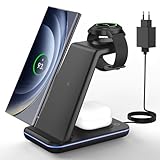 JoyGeek 3 in 1 Induktive Ladestation für Samsung, Wireless Charger für Samsung S24/S23/S22/S21/Z Flip/Fold, Induktionsladegerät für Galaxy Watch Ultra/7-4, Kabelloses Ladegerät für Galaxy Buds-Schwarz