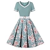 Rockabilly Kleider Damen 50er Jahre Petticoat Kleid Vintage Audrey Hepburn Kurzarm V-Ausschnitt Polka Dot Swing Coctailkleid Hochzeit Gast Festlich Knielang Sommerkleid Abendkleid Grün Blume M