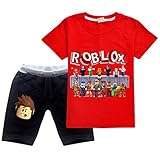 Ro-blox Jungen T-Shirt Set Kinder Spiel Cartoon Kurzarm Tops Sweatshirt Shorts 2 Stück Baumwolle Sommer Tee Gr. 5-6 Jahre, Red01