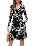 Actcat V-Ausschnitt Pullover Kleid Langarm Casual Kleider Herbst Kleid Floral Party Kleid mit Taschen Herbstkleid Winterkleider Damen Festliche Kleider für Damen Weihnachtskleid White Black,XXL