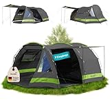 Skandika Kambo Tunnelzelt für 4 Personen | Zelt mit Schlafkabine für 4 Mann, Wasserdicht mit 3000 Wassersäule, 3 Eingänge, Sonnendach, Vorzelt | Campingzelt in anthrazit/grün