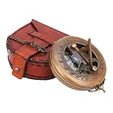 Neovid Messing-Sonnenuhr-Kompass zum Aufklappen – Steampunk-Zubehör – Antik-Finish – mit Lederetui und Kette – schönes handgefertigtes Geschenk