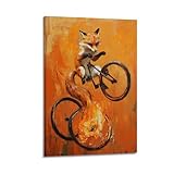 JHKJTK Ölgemälde mit Tiermotiv: Ein Fuchs auf einem Einrad, der über Feuerreifen springt, Ölgemaltes Action-Poster, Leinwand, Wandkunst, modernes Wandbild, dekoratives Gemälde, hängendes Kunstwerk, 30