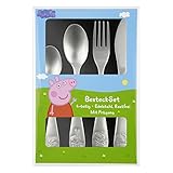p:os Peppa Wutz Kinderbesteck, 4-teiliges Besteckset mit Messer, Gabel, Suppenlöffel und Dessertlöffel, Essbesteck mit Prägung aus rostfreiem Edelstahl, Silber