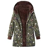 NSICBMNO Gepolsterte Jacken für Damen, Übergröße, Fleece-gefütterte Jacke, durchgehender Reißverschluss, Winterjacke, Freizeitjacke, Blumendruck, Mantel mit Taschen, lange Kapuzenmäntel, Sherpajacke,