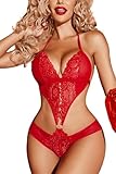 Avidlove Damen Spitze Body Sexy Teddy Dessous Einteiler Tiefer V-Ausschnitt Bodysuit Elegant Halter Corsage Unterwäsche, Rot, S