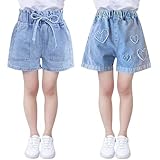 SXSHUN Shorts Mädchen Jeansshorts Kinder Denim Kurze Hose 2er-Pack Sommer Baumwolle Hosen mit Modische Druck, Schmetterling+Herzmuster, 122-128