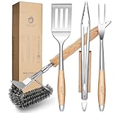 TIVOLI Grillbesteck Set 4-teilig, aus hochwertigem Edelstahl Gefertigt, mit Sicheren Holzgriffen, inklusive Grillzange, Pfannenwender, Grillbürste und Grillgabel – Grill Geschenke für Männer