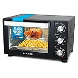 KLAMER Minibackofen mit Umluft (30 Liter), 6 Backfunktionen, 70-230°C, 120 min. Timer, Mini-Ofen inkl. Drehspieß, Grillgitter, Grillrost und Krümelblech, 1.500 W, Pizza Ø30cm, Schwarz