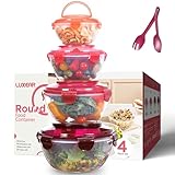Luxear Salatschüssel Set groß mit luftdicht Deckel, 4er-Set 1L/1,8L/3,2L/4,5L Schüsselset mit Gabeln Löffel, Stapelbar große Schüsseln Frischhaltedosen BPA-frei mikrowellen- und Spülmaschinenfest