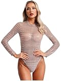 MSemis Damen Mesh Glänzende Bodysuit Lange Ärmel Turnanzug Ballett Tanz Leotard Sexy Jumpsuit Club Nachtwäsche Altrosa L