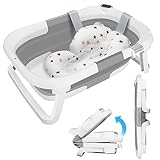 Baby Badewanne mit Integriertem Thermometer, Groß Faltbare Babywanne mit Badematte, Baby Wanne mit Duschkopfanschluss, Ergonomisch, Platz Sparen, Tragbare Badewanne Baby für Babys von 0-36 Monaten (A)