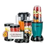 GOURMETmaxx Smoothie Maker & Standmixer mit UK-Stecker + Reiseadapter | 18 tlg. elektrischer Blender 750ml, Mixer inkl. 4 To-Go Becher, 2 Klingen, Entsafter | Spülmaschinenfest & auslaufsicher [400 W]