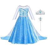 ACWOO ELSA Kostüm Mädchen, ELSA Kinder Prinzessin Kleid 6-teiliges Set mit Krone Diadem Handschuhe Zauberstab usw für Halloween Weihnachten Verkleidung Karneval